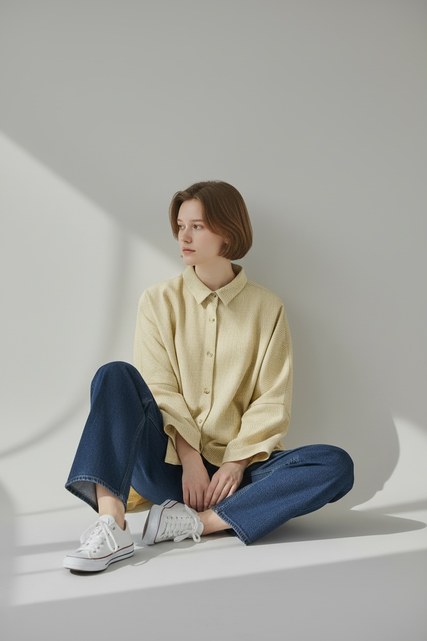 【遠州織物】前開きワイドブラウス　長袖　2カラー　逆スラブストライプ　うすで　243060