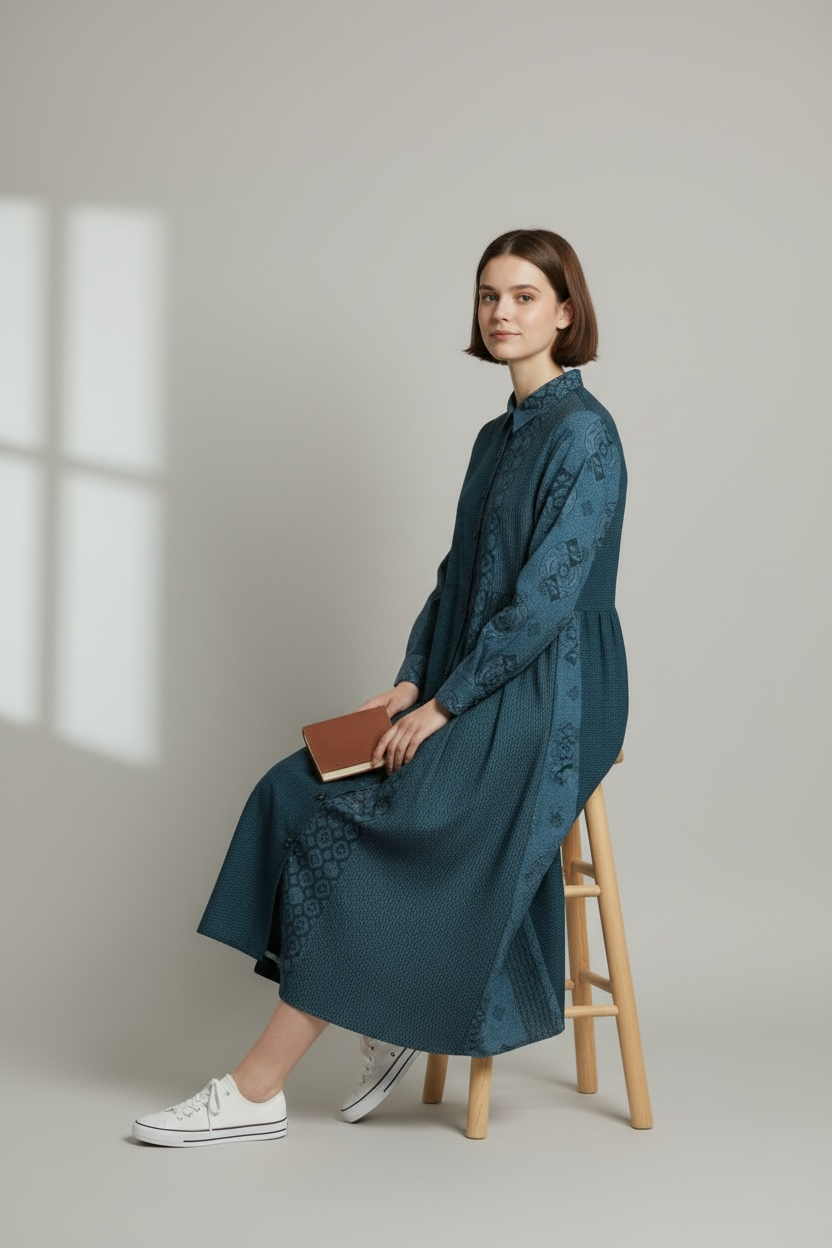 【安曇野染絣】前開きウエストギャザーワンピース　2カラー　大島柄　92053