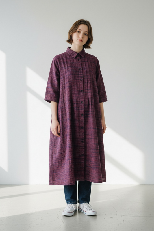 【遠州織物×絣】ピンタックのワンピース　5分袖　3カラー　みじん絣楊柳　252091