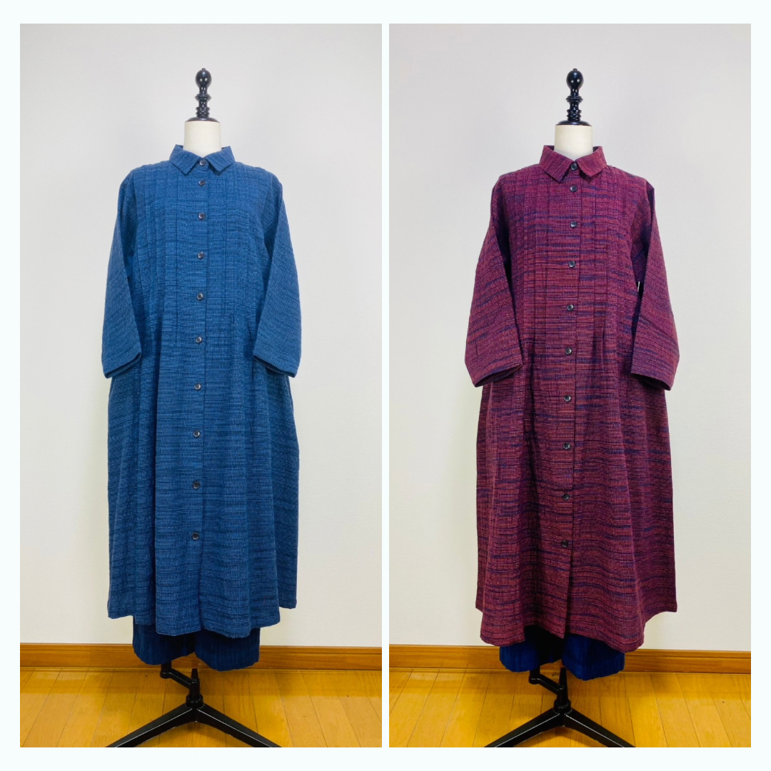 【遠州織物】ピンタックのワンピース　2カラー　みじん絣楊柳　252091