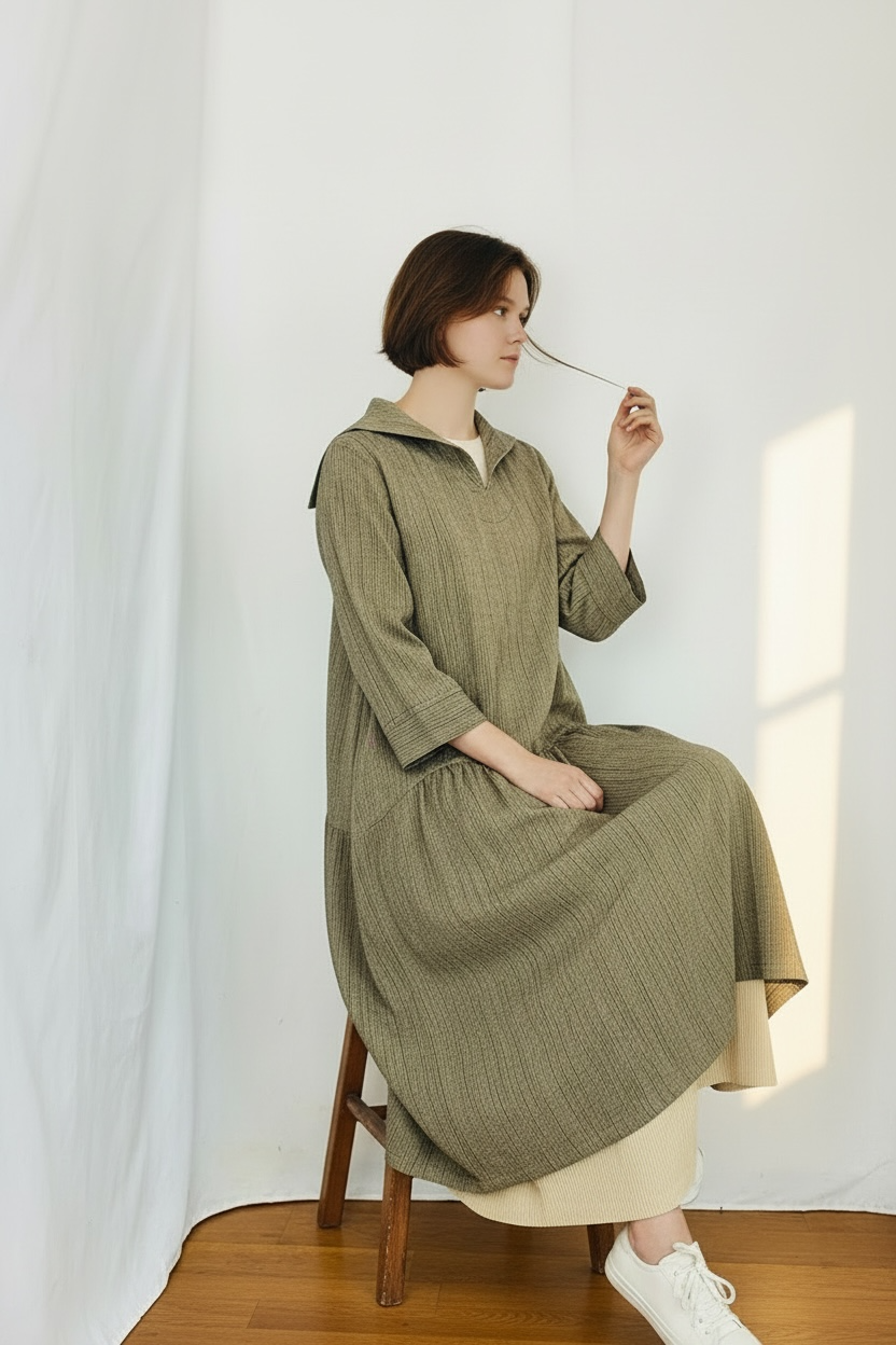 【遠州織物】セーラーカラーの切替ギャザーワンピース　2カラー　逆スラブストライプ　うすで　252011　