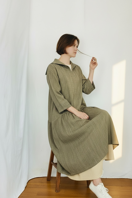 【遠州織物】セーラーカラーの切替ギャザーワンピース　2カラー　逆スラブストライプ　うすで　252011　