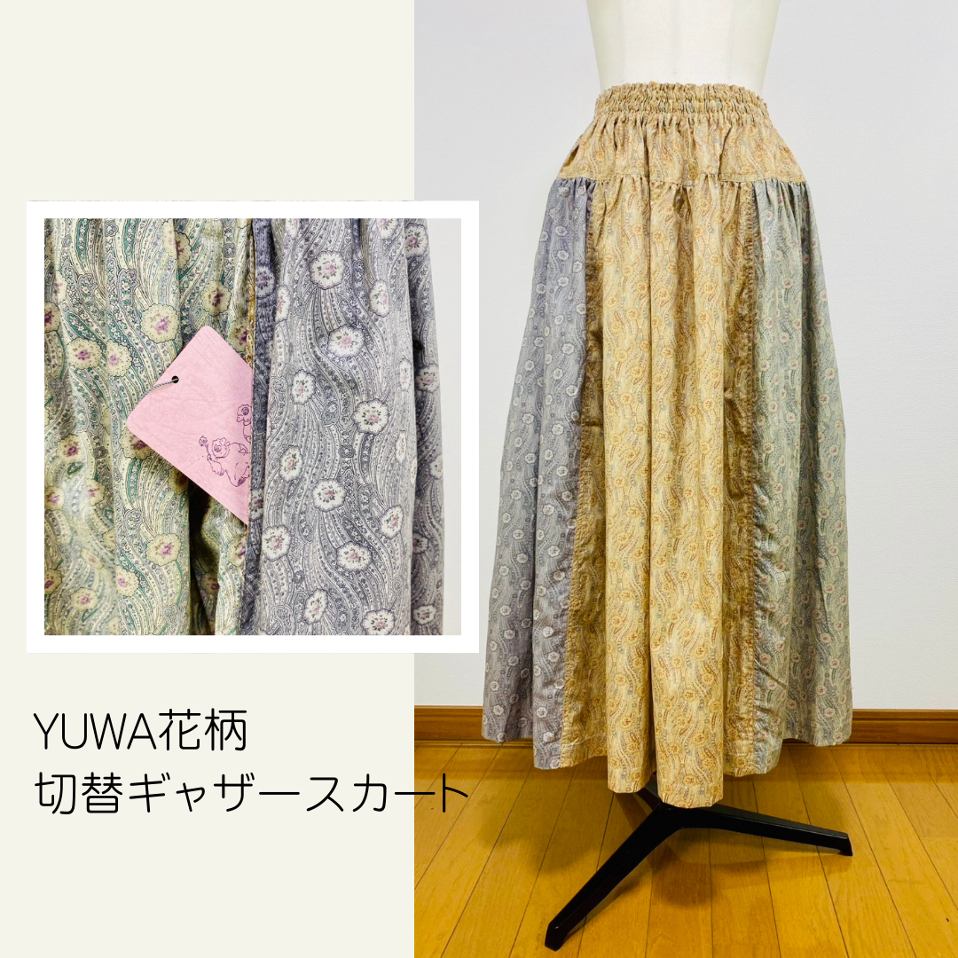 【YUWA】　切替ギャザースカート　ペイズリー花柄　シャーティング