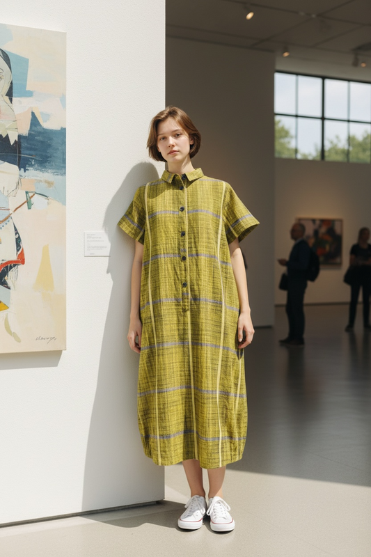 【遠州織物】前立て開きバルーンワンピース　黄色　逆スラブ絣格子   262021