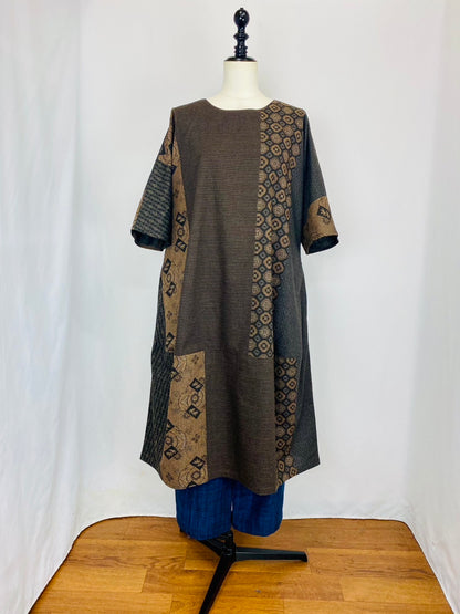 【安曇野染絣】切替えビッグワンピース　2カラー　大島紬柄  232013