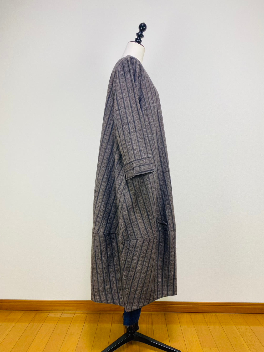 【遠州織物】裾切替えコクーンワンピース　2カラー　逆スラブ絣ストライプ　222101