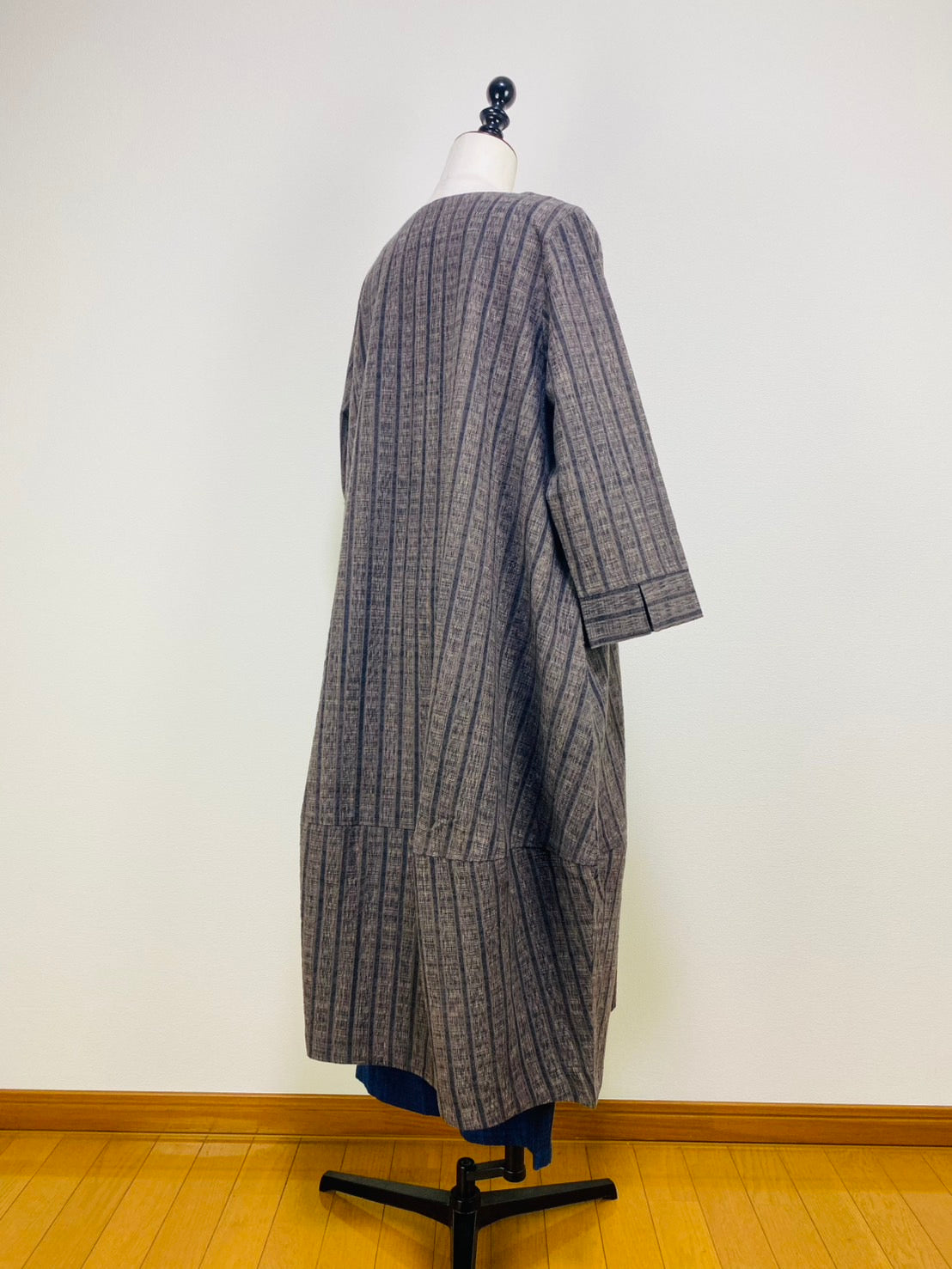 【遠州織物】裾切替えコクーンワンピース　2カラー　逆スラブ絣ストライプ　222101