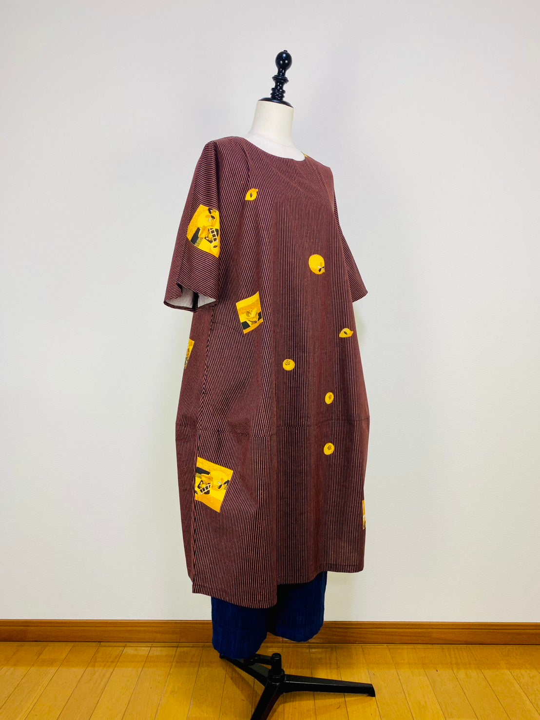 【安曇野木綿】　切替えビッグワンピース　3カラー　縞と柿　232013