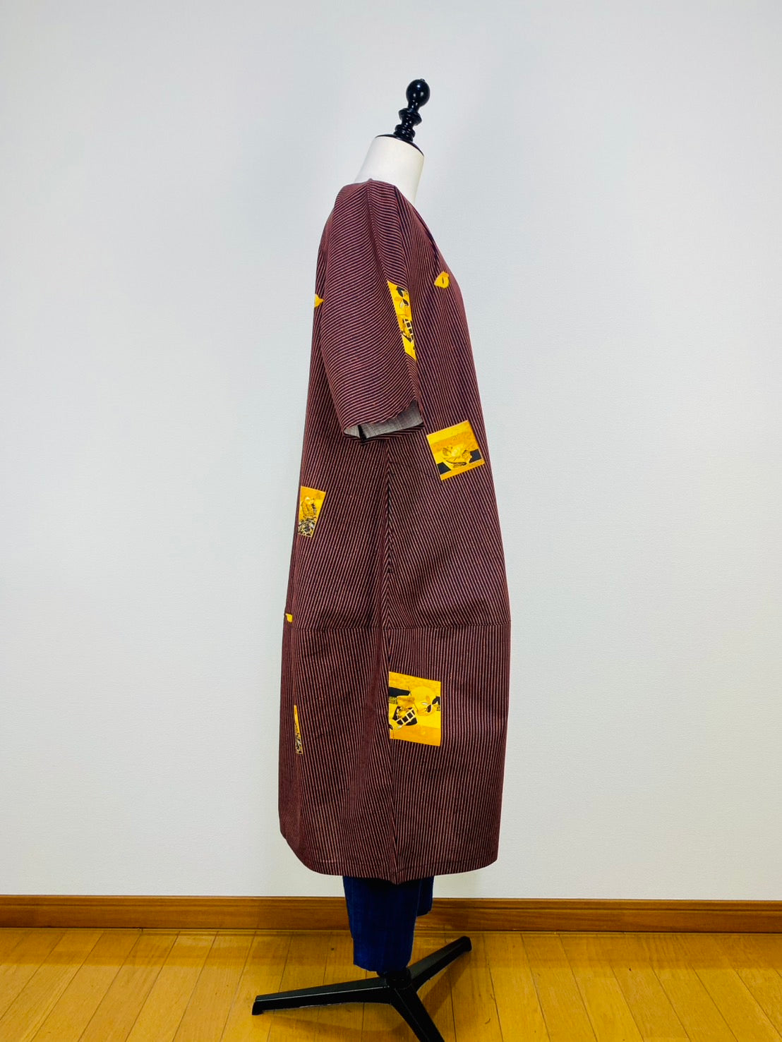 【安曇野木綿】　切替えビッグワンピース　3カラー　縞と柿　232013