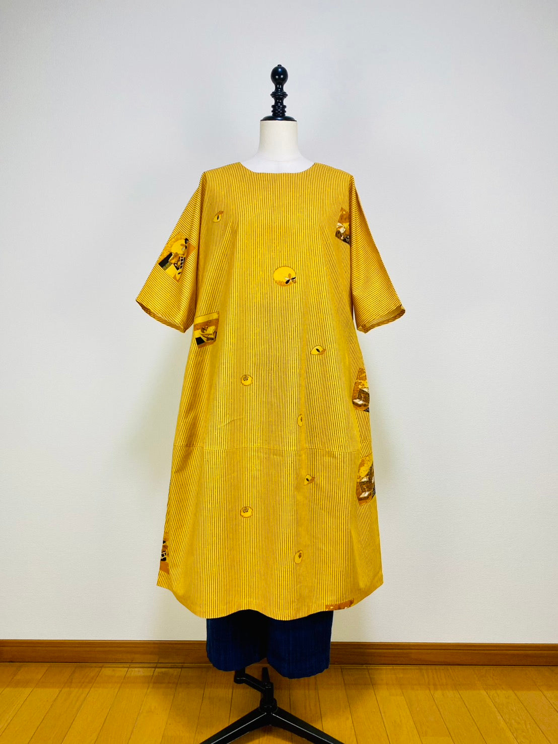 【安曇野木綿】　切替えビッグワンピース　3カラー　縞と柿　232013