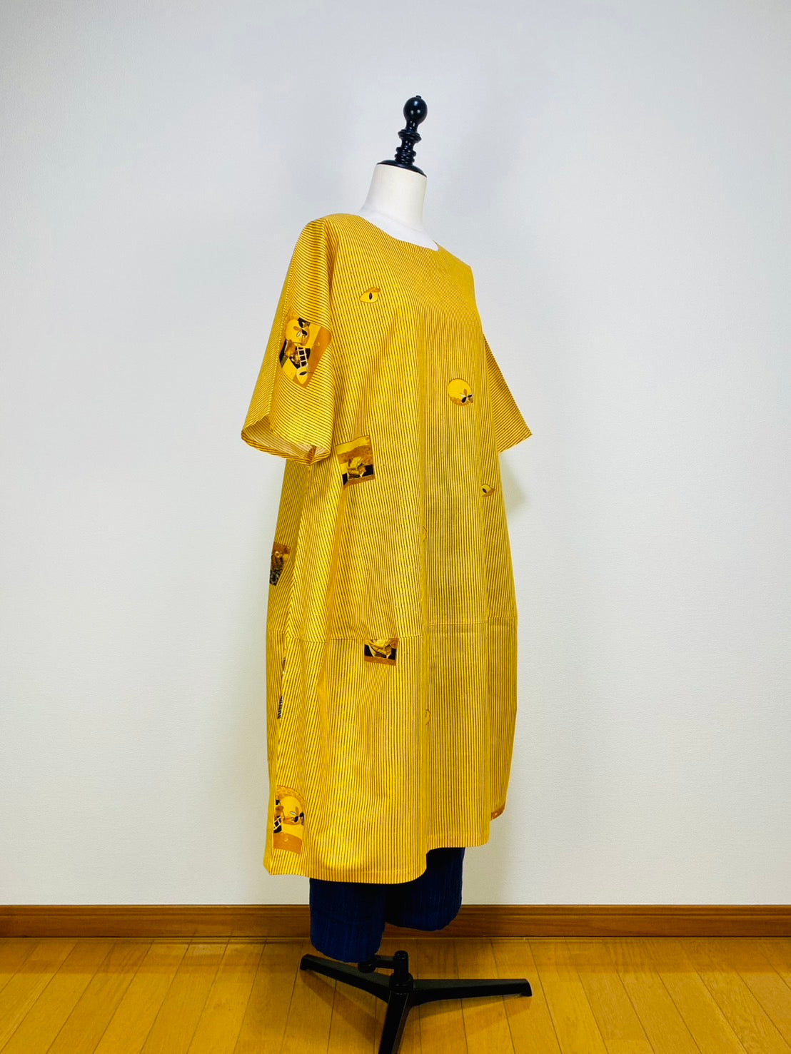 【安曇野木綿】　切替えビッグワンピース　3カラー　縞と柿　232013