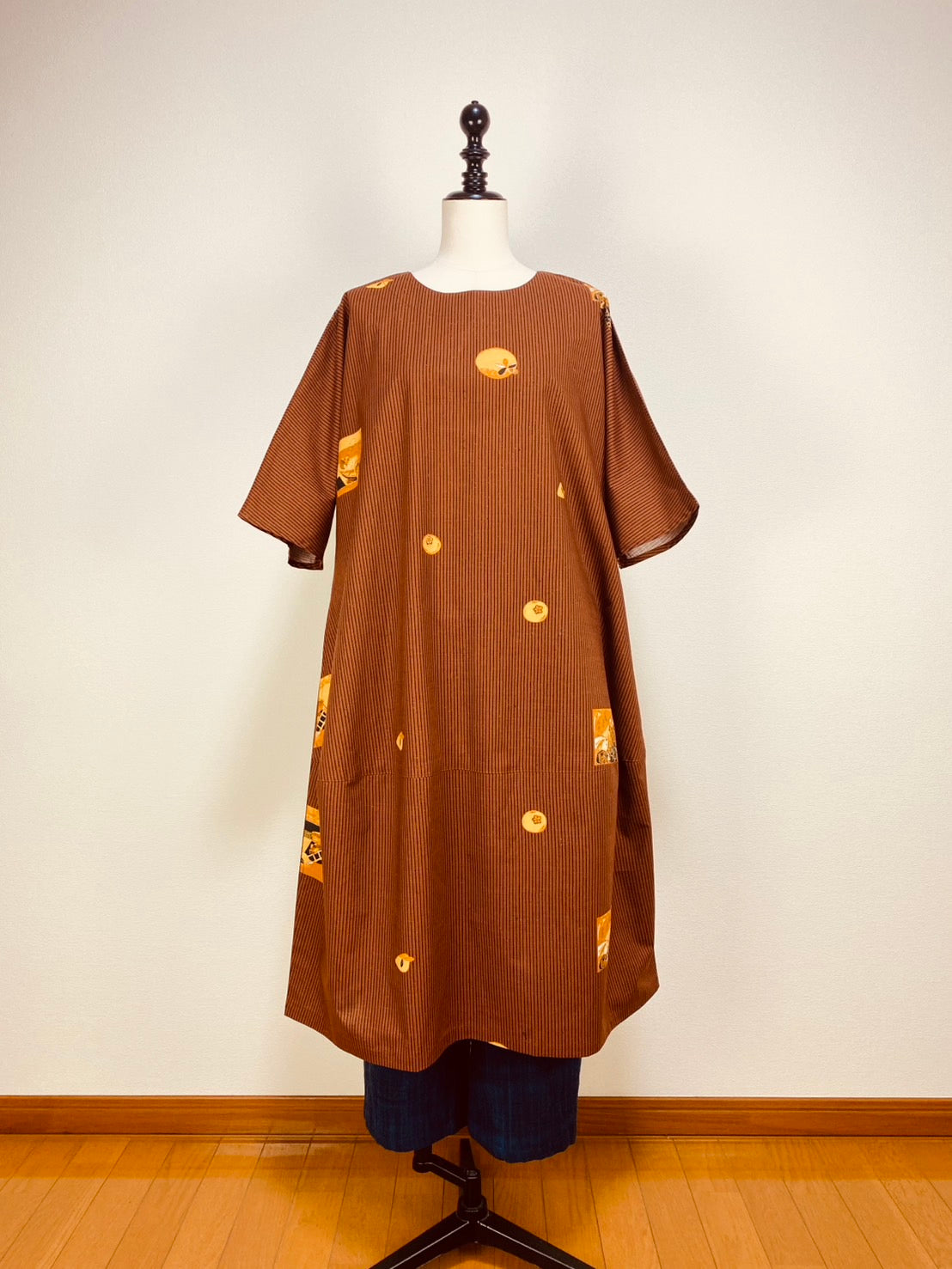 【安曇野木綿】　切替えビッグワンピース　3カラー　縞と柿　232013
