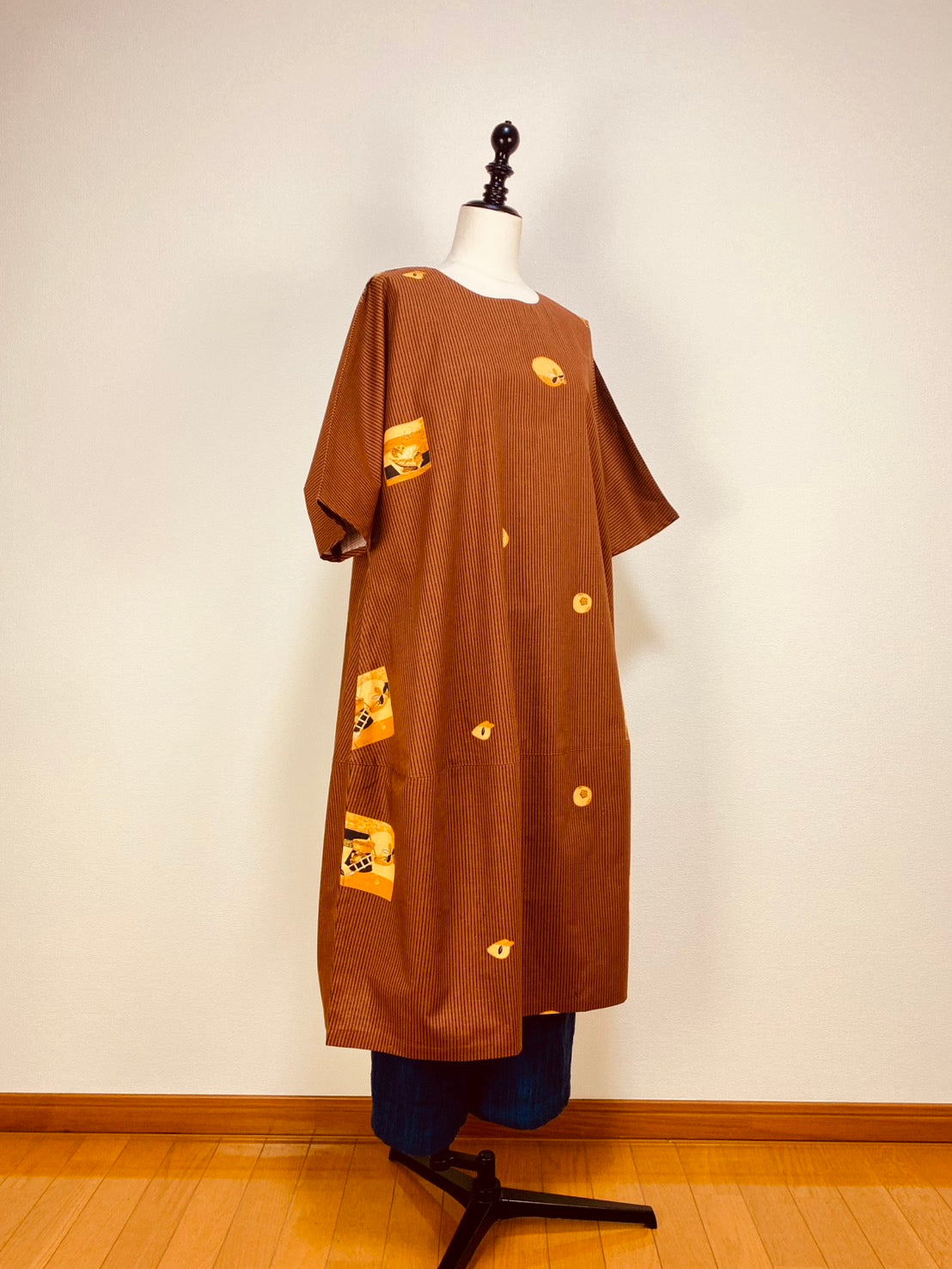 【安曇野木綿】　切替えビッグワンピース　3カラー　縞と柿　232013