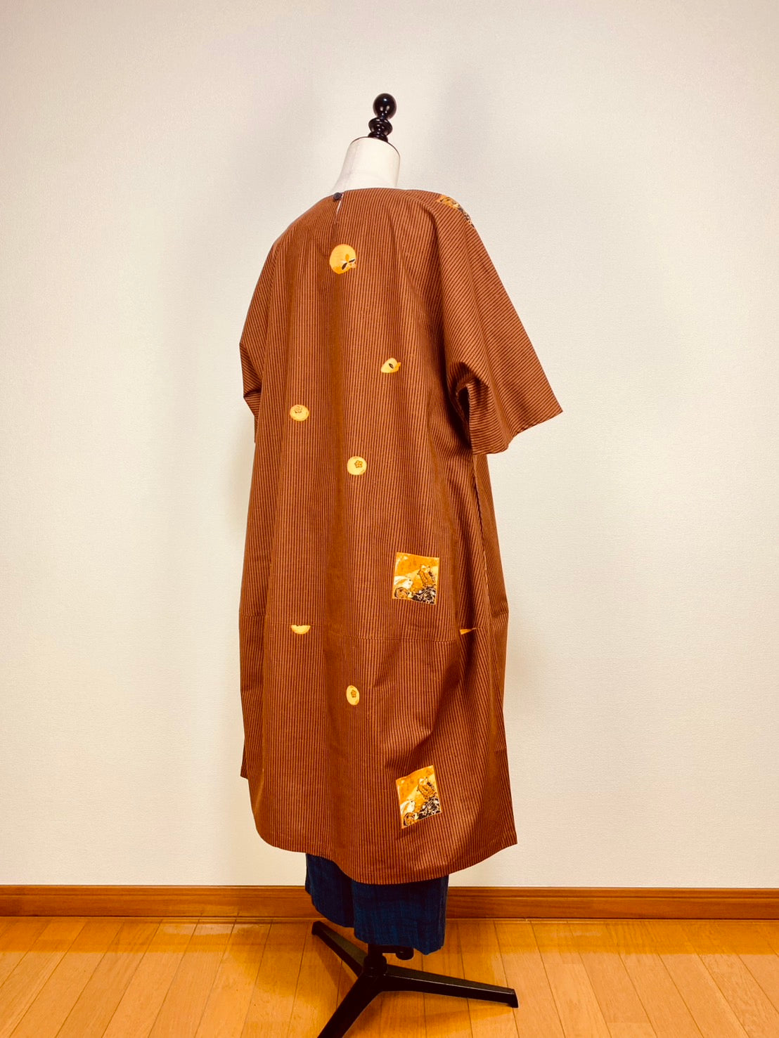 【安曇野木綿】　切替えビッグワンピース　3カラー　縞と柿　232013