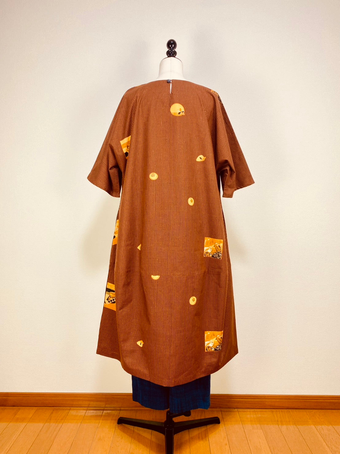 【安曇野木綿】　切替えビッグワンピース　3カラー　縞と柿　232013