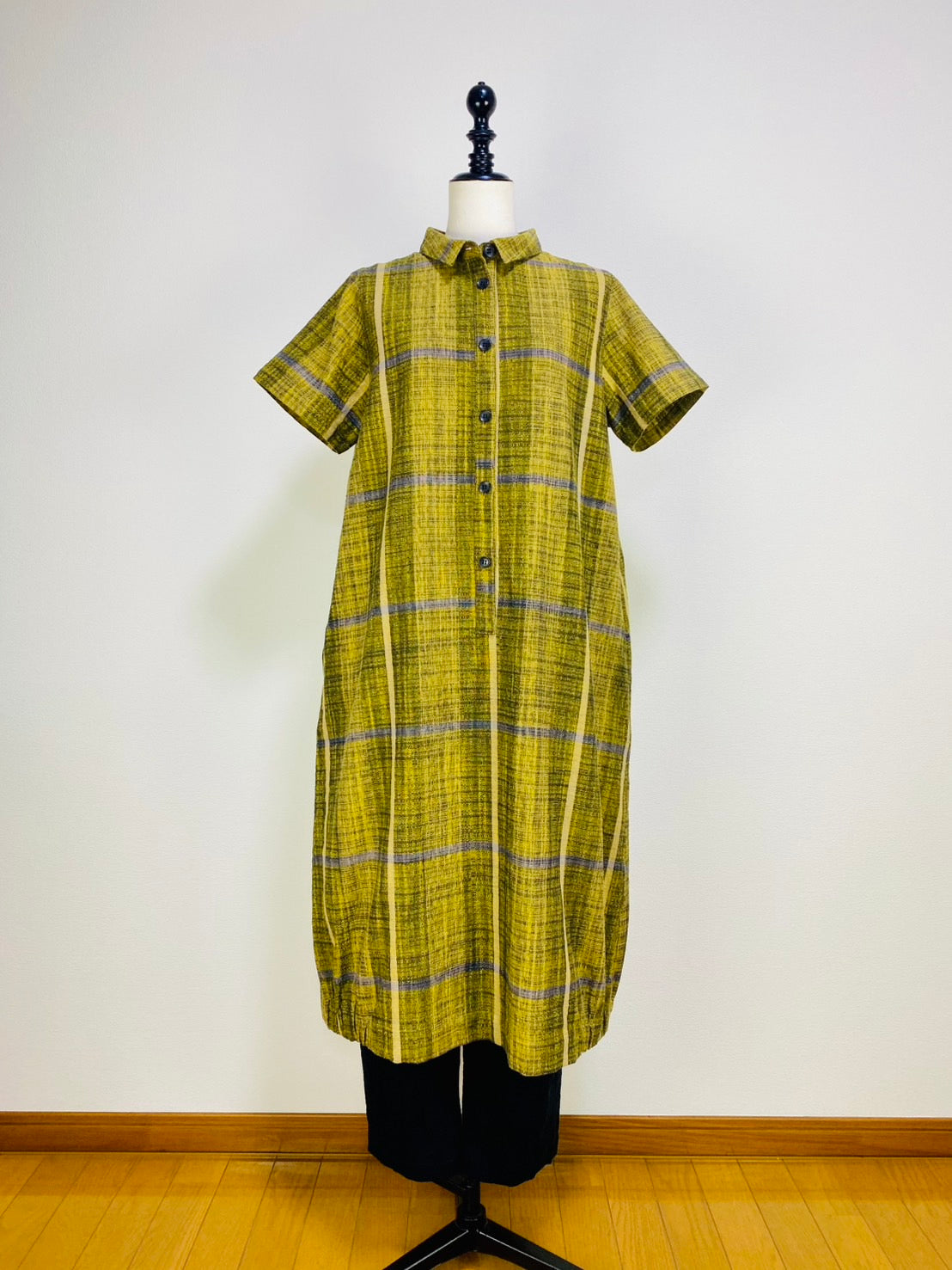 【遠州織物】前立て開きバルーンワンピース　黄色　逆スラブ絣格子   262021