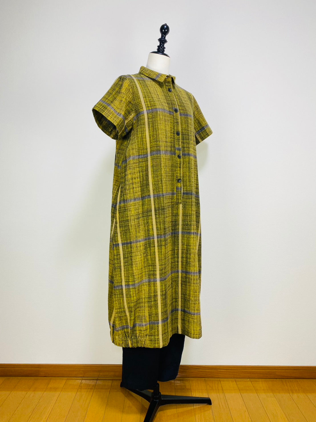 【遠州織物】前立て開きバルーンワンピース　黄色　逆スラブ絣格子   262021