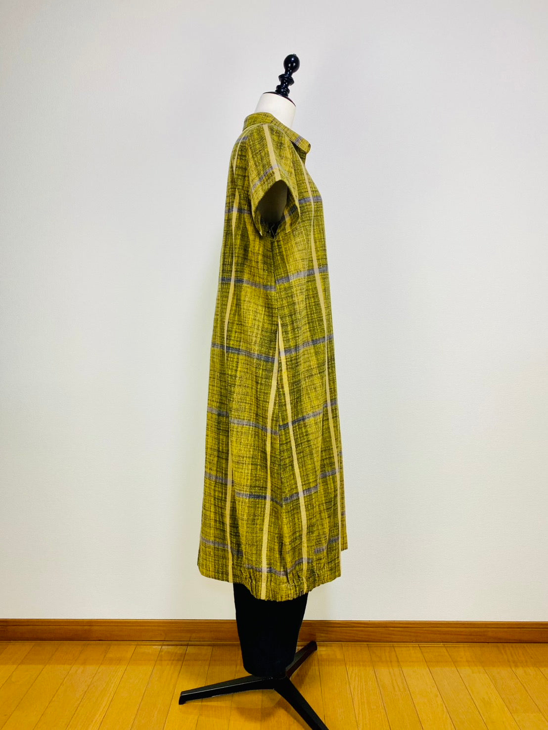 【遠州織物】前立て開きバルーンワンピース　黄色　逆スラブ絣格子   262021