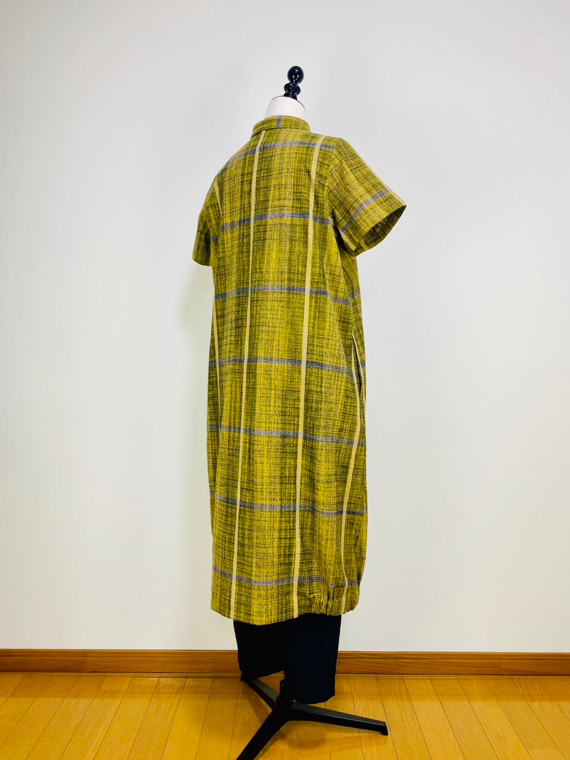 【遠州織物】前立て開きバルーンワンピース　黄色　逆スラブ絣格子   262021