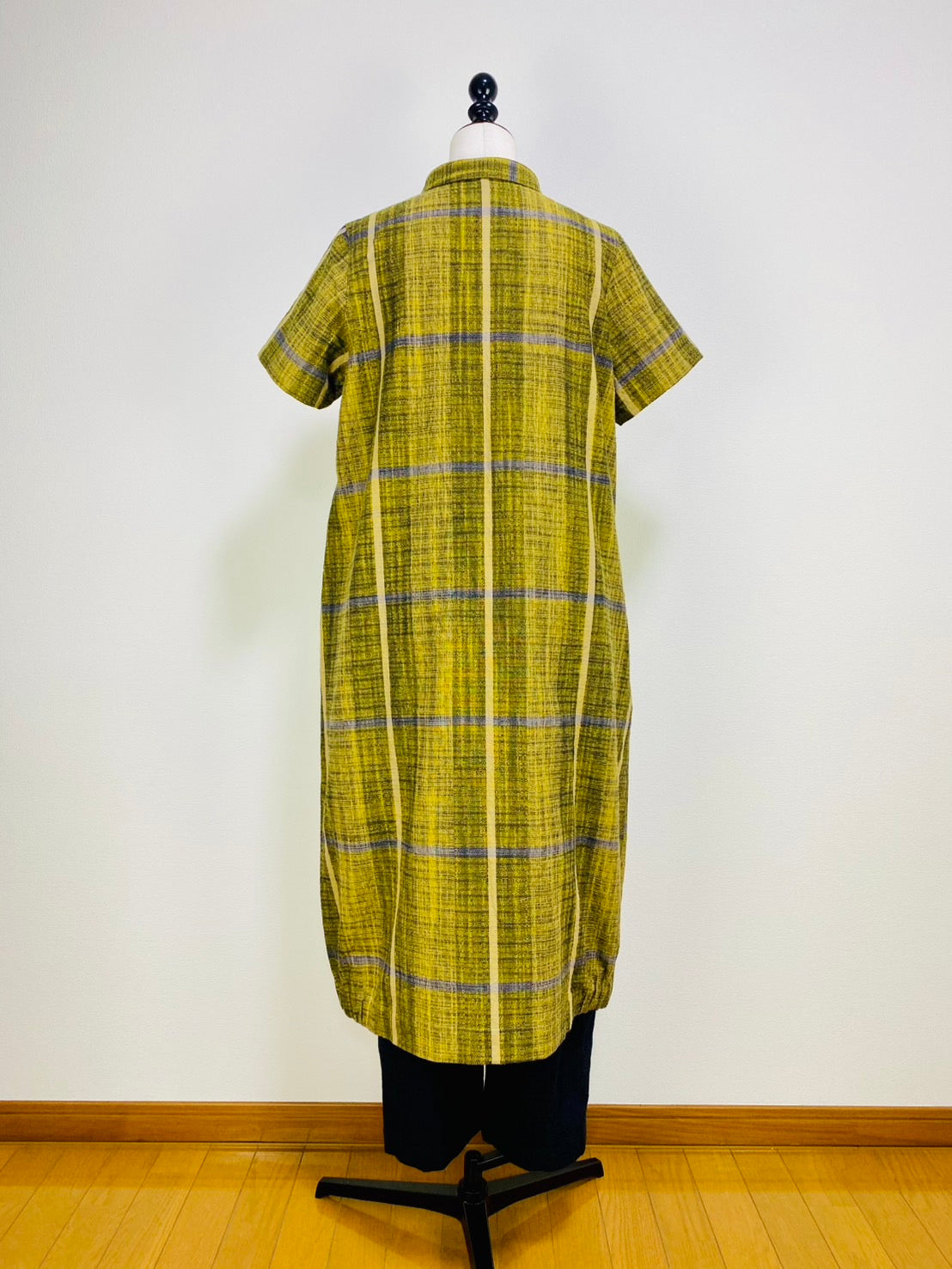 【遠州織物】前立て開きバルーンワンピース　黄色　逆スラブ絣格子   262021