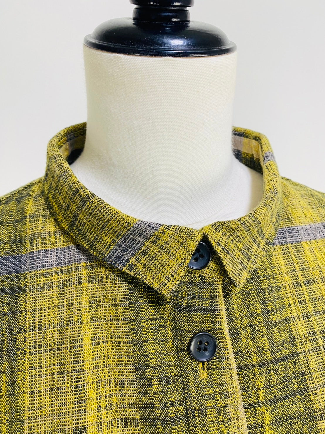 【遠州織物】前立て開きバルーンワンピース　黄色　逆スラブ絣格子   262021