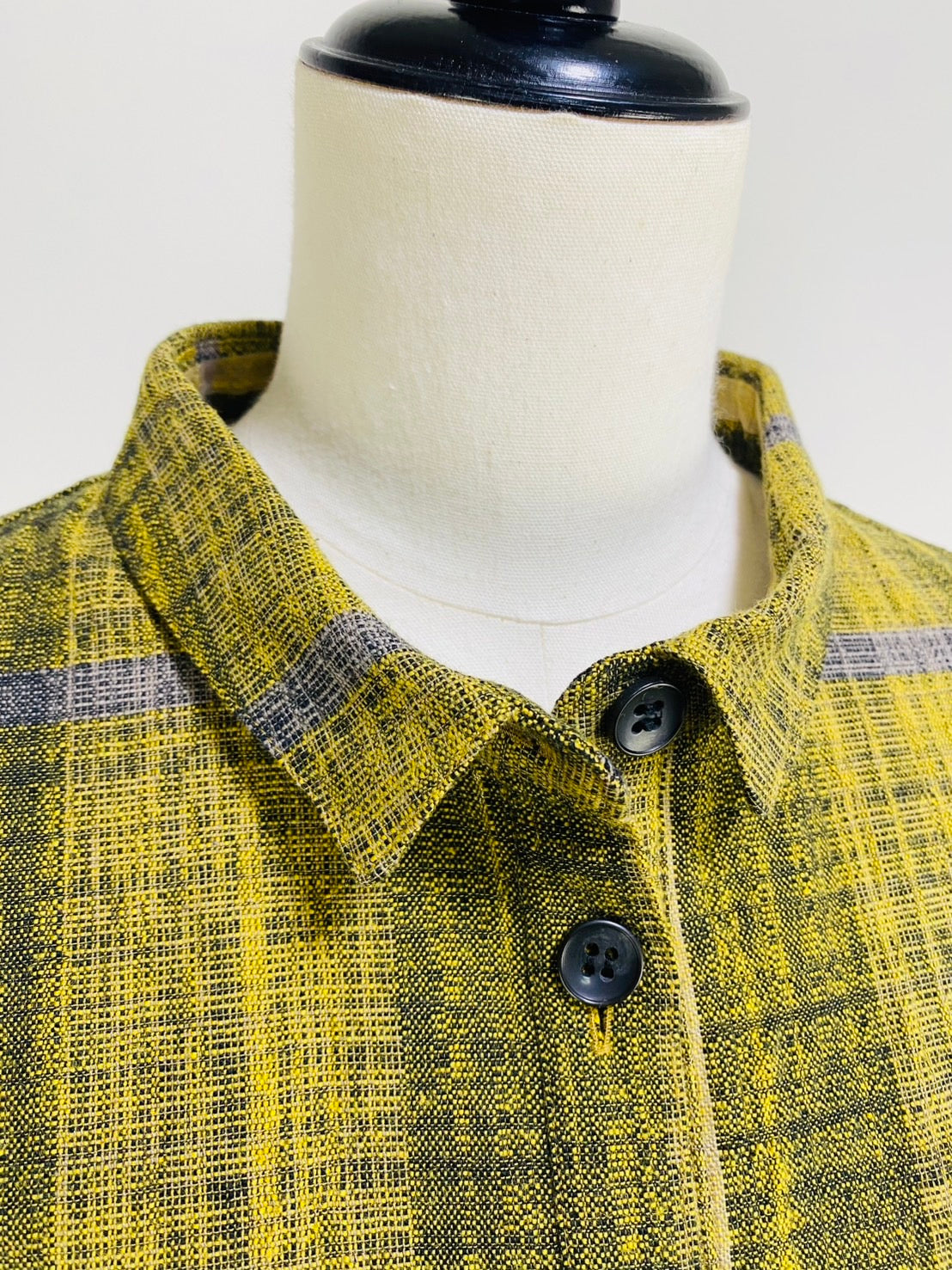 【遠州織物】前立て開きバルーンワンピース　黄色　逆スラブ絣格子   262021