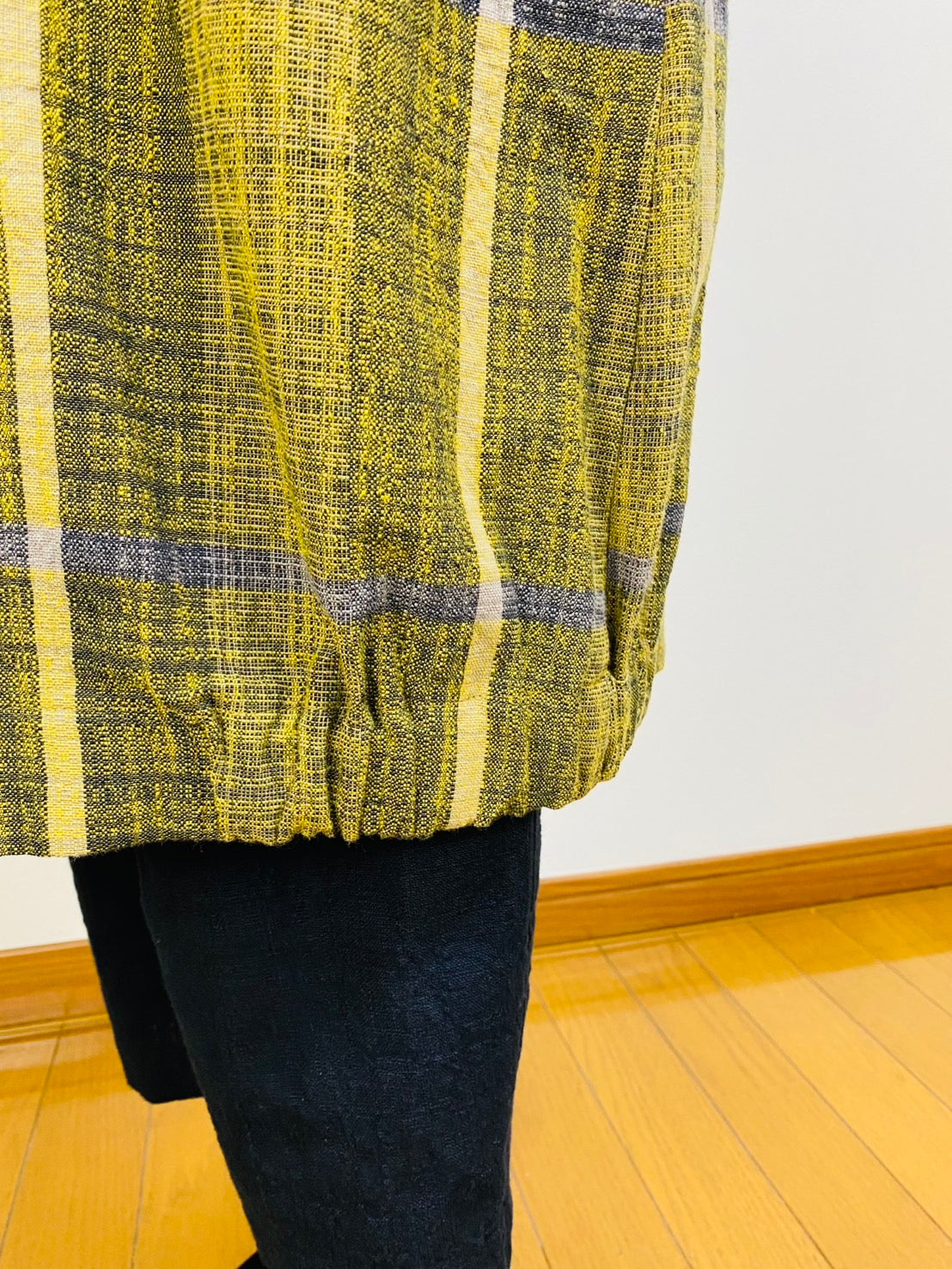 【遠州織物】前立て開きバルーンワンピース　黄色　逆スラブ絣格子   262021