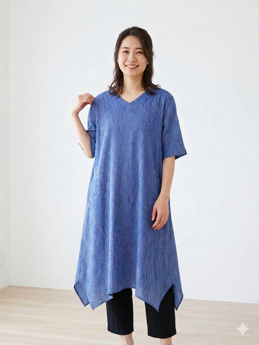 【高島ちぢみ】Vネック台形ワンピース　半袖　3カラー　綿先染よろけ　212038