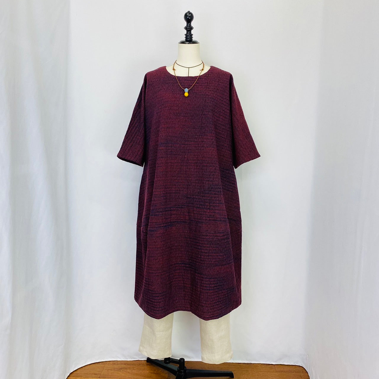 【遠州織物】　切替えビッグワンピース   3カラー　遠州織物　青みじん絣楊柳　逆スラブ  232011