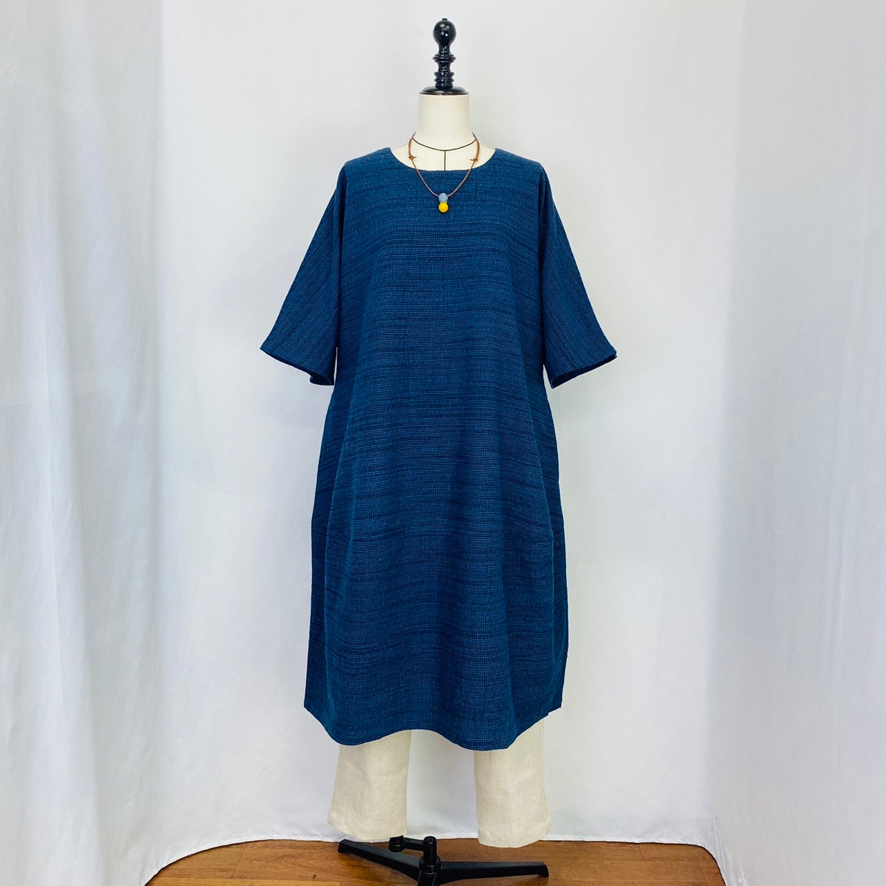 【遠州織物】　切替えビッグワンピース   3カラー　遠州織物　青みじん絣楊柳　逆スラブ  232011