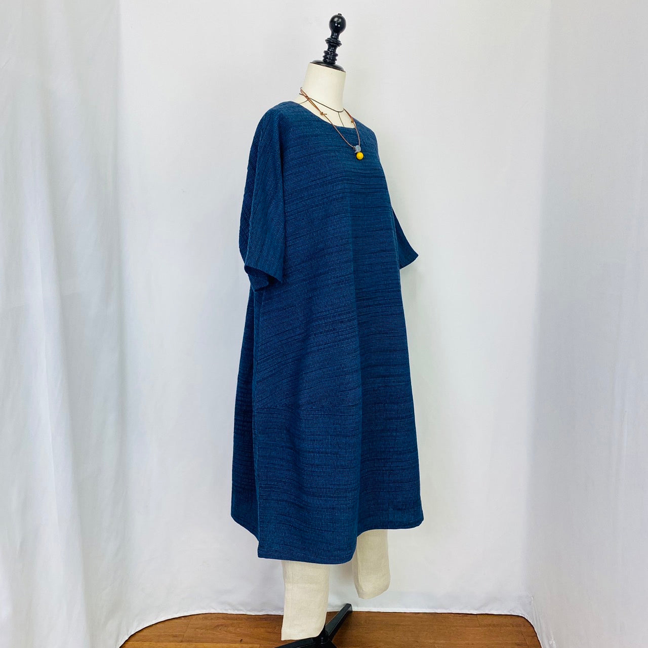 【遠州織物】　切替えビッグワンピース   3カラー　遠州織物　青みじん絣楊柳　逆スラブ  232011