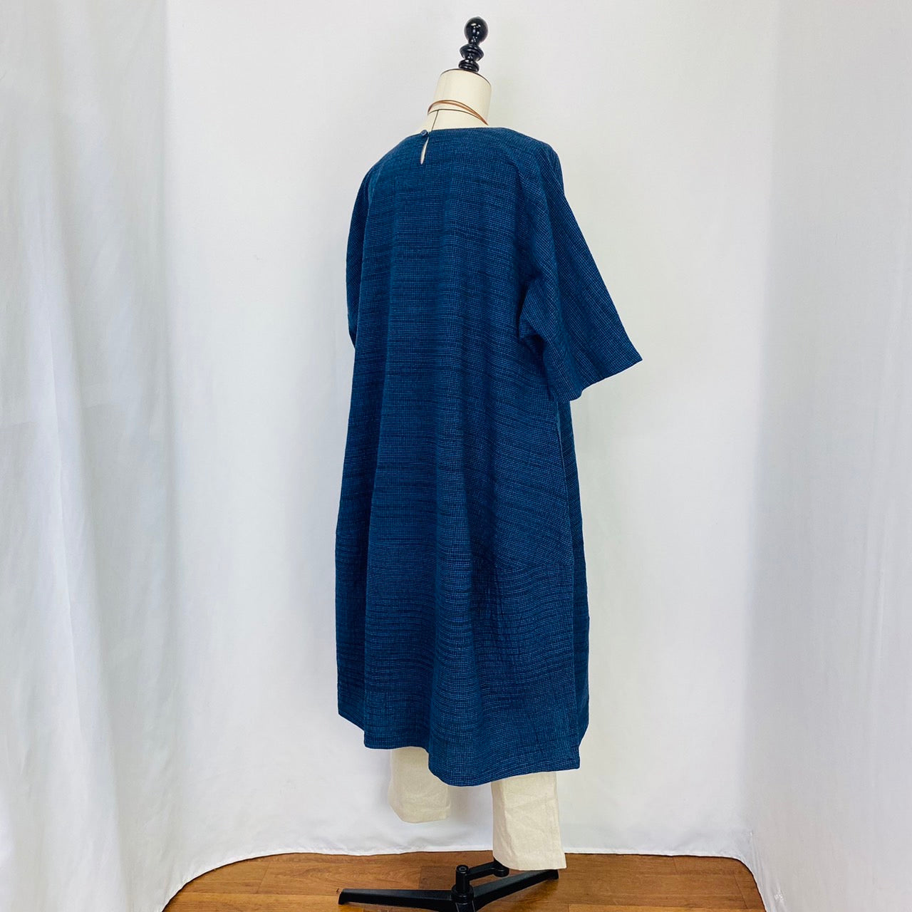 【遠州織物】　切替えビッグワンピース   3カラー　遠州織物　青みじん絣楊柳　逆スラブ  232011