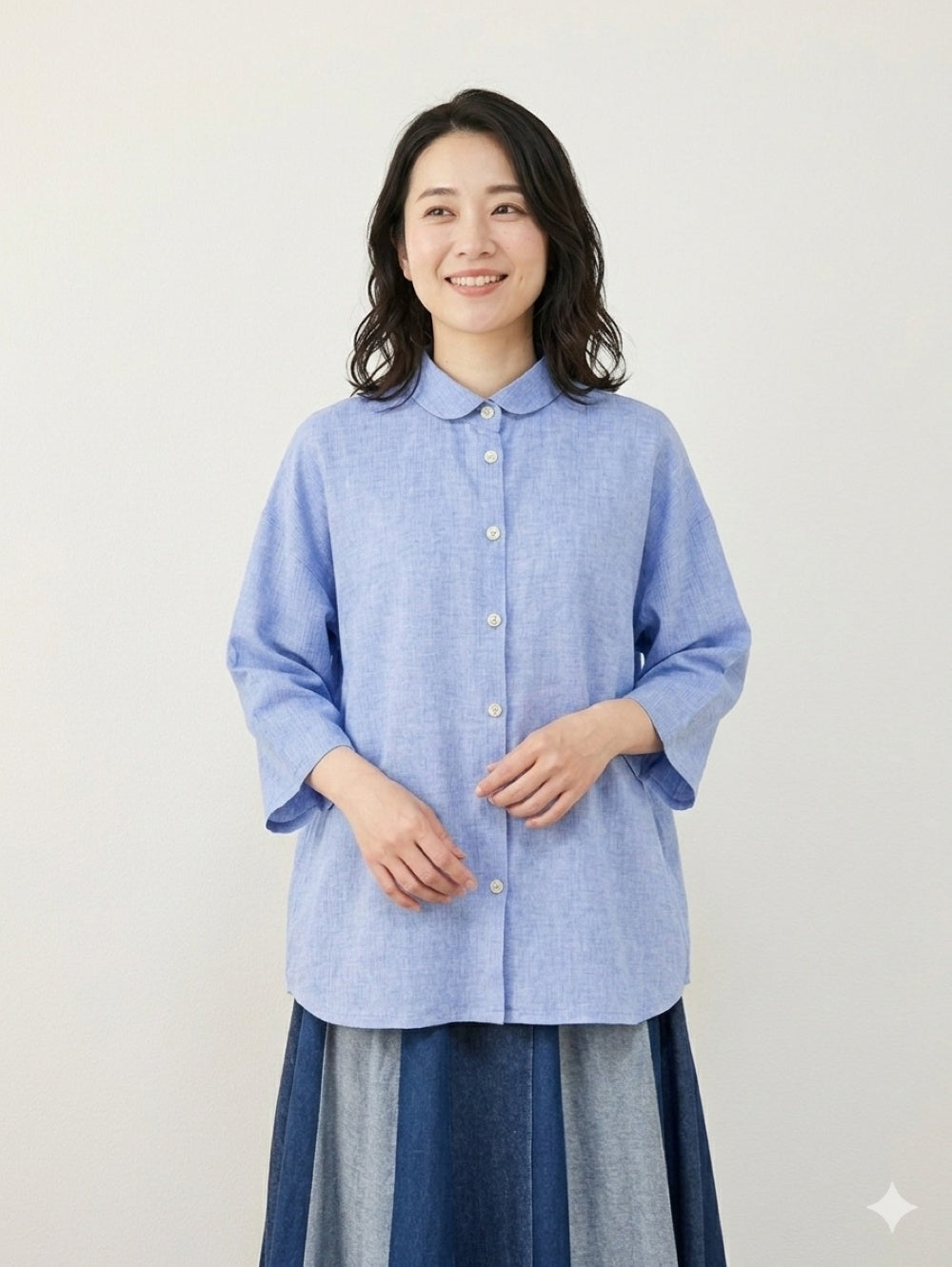 【高島ちぢみ】　丸襟ゆったりブラウス　3カラー　麻混先染ヨーリュー　SU19108