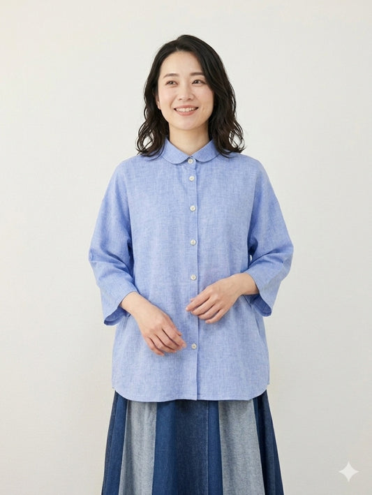 【高島ちぢみ】　丸襟ゆったりブラウス　3カラー　麻混先染ヨーリュー　SU19108