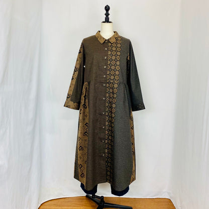 【安曇野染絣】前開きウエストギャザーワンピース　2カラー　大島柄　92053