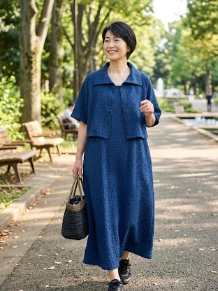 【遠州織物】　ボレロ風ジャケット　紺たてよこ絣　楊柳　241011-13