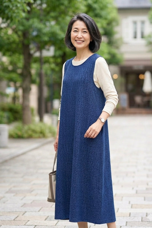 遠州織物266011-3　ジャンパースカート　長丈　遠州織物　紺たてよこ絣　楊柳