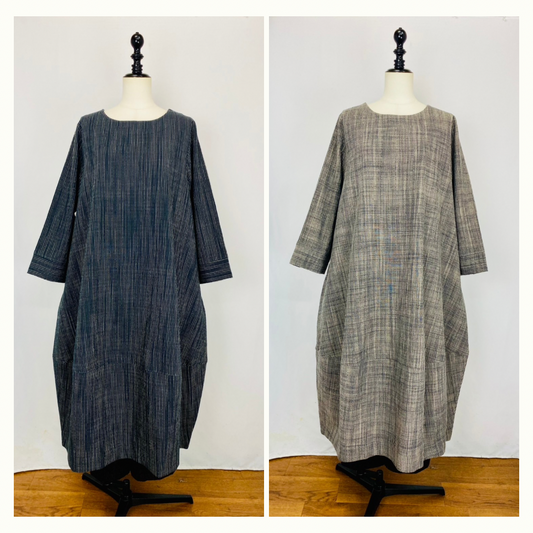 【遠州織物】裾切替えコクーンワンピース　2カラー　逆スラブストライプ　222101