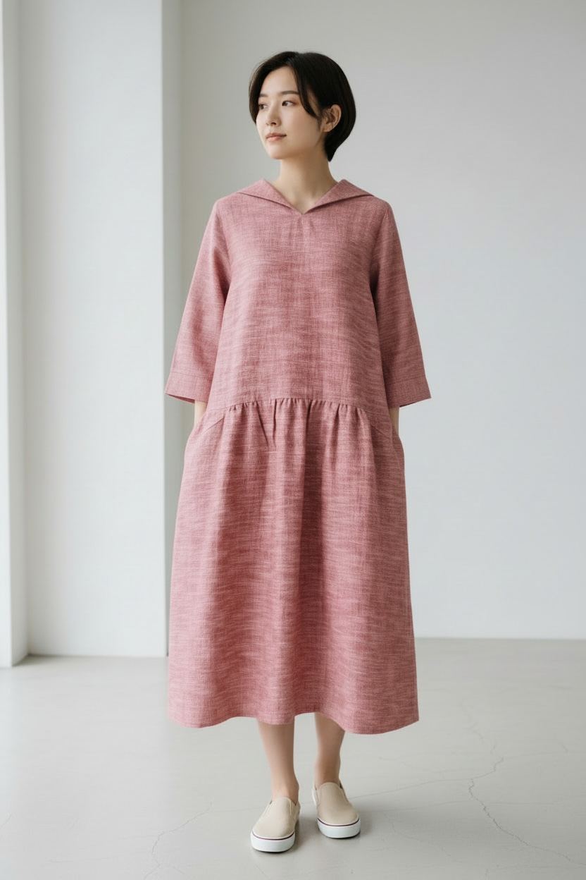 【遠州織物】セーラーカラーの切替ギャザーワンピース　赤ベージュ　逆スラブストライプ　252011