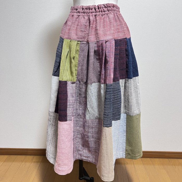 【遠州織物】　パッチワークのティアードスカート　うすで　235031-2