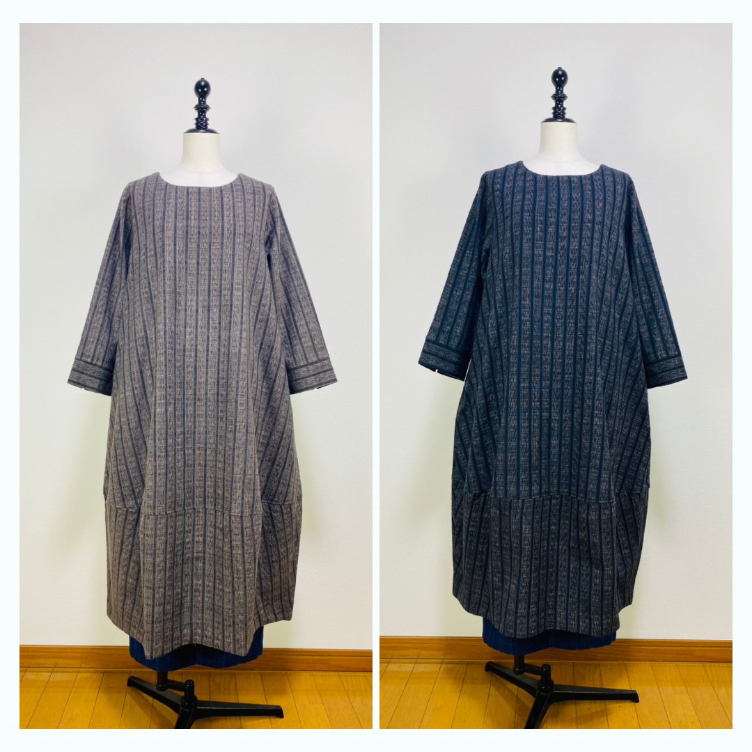 【遠州織物】裾切替えコクーンワンピース　2カラー　逆スラブ絣ストライプ　222101