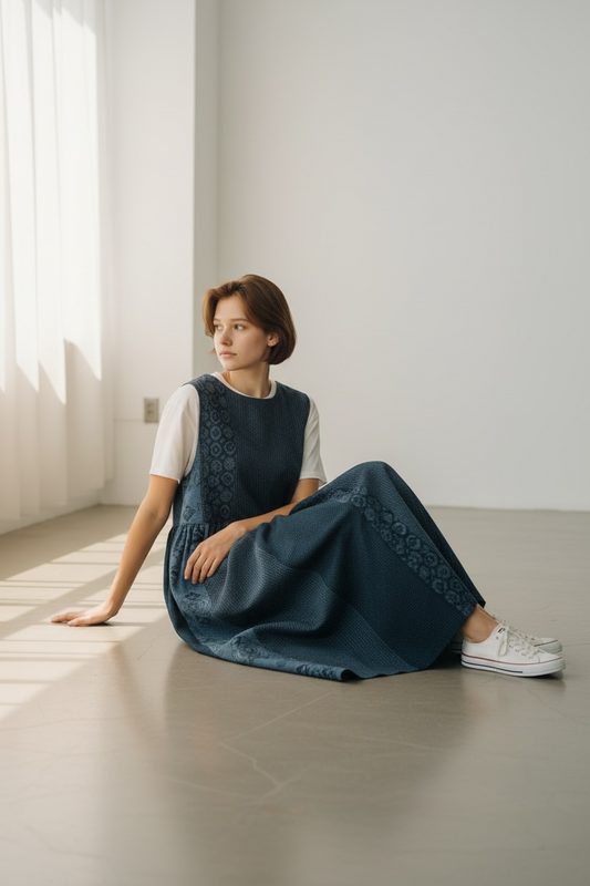 【安曇野染絣】Wギャザージャンパースカート　2カラー　大島柄　246013