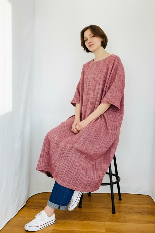 【遠州織物】 切替ビッグワンピース　2カラー　逆スラブストライプ　うすで　232011