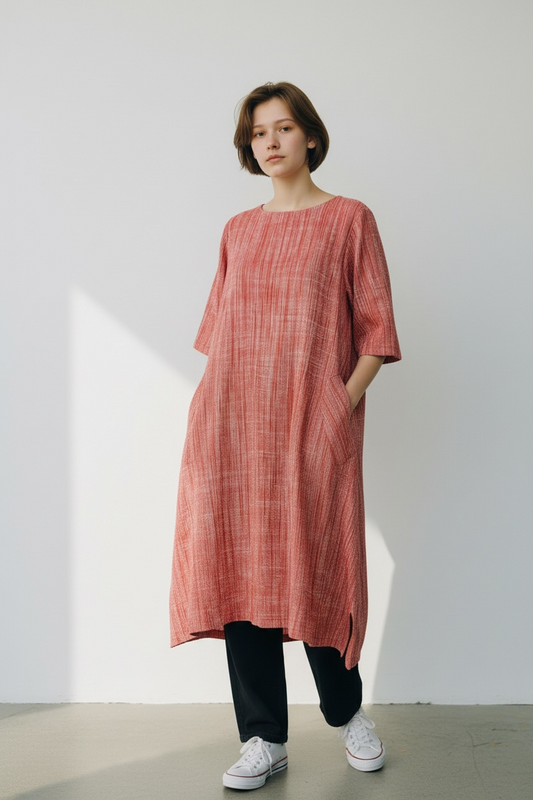 【遠州織物】Aラインのワンピース　2カラー　うすで縞　72081