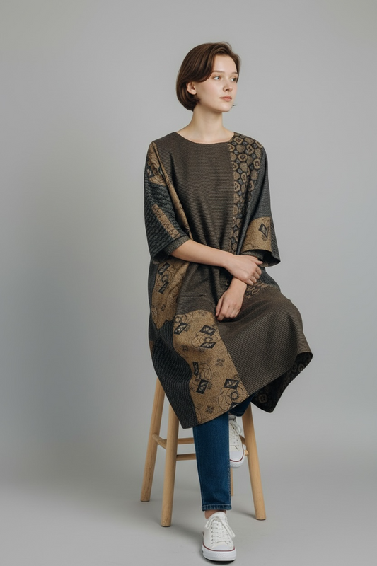 【安曇野染絣】切替えビッグワンピース　2カラー　大島紬柄  232013