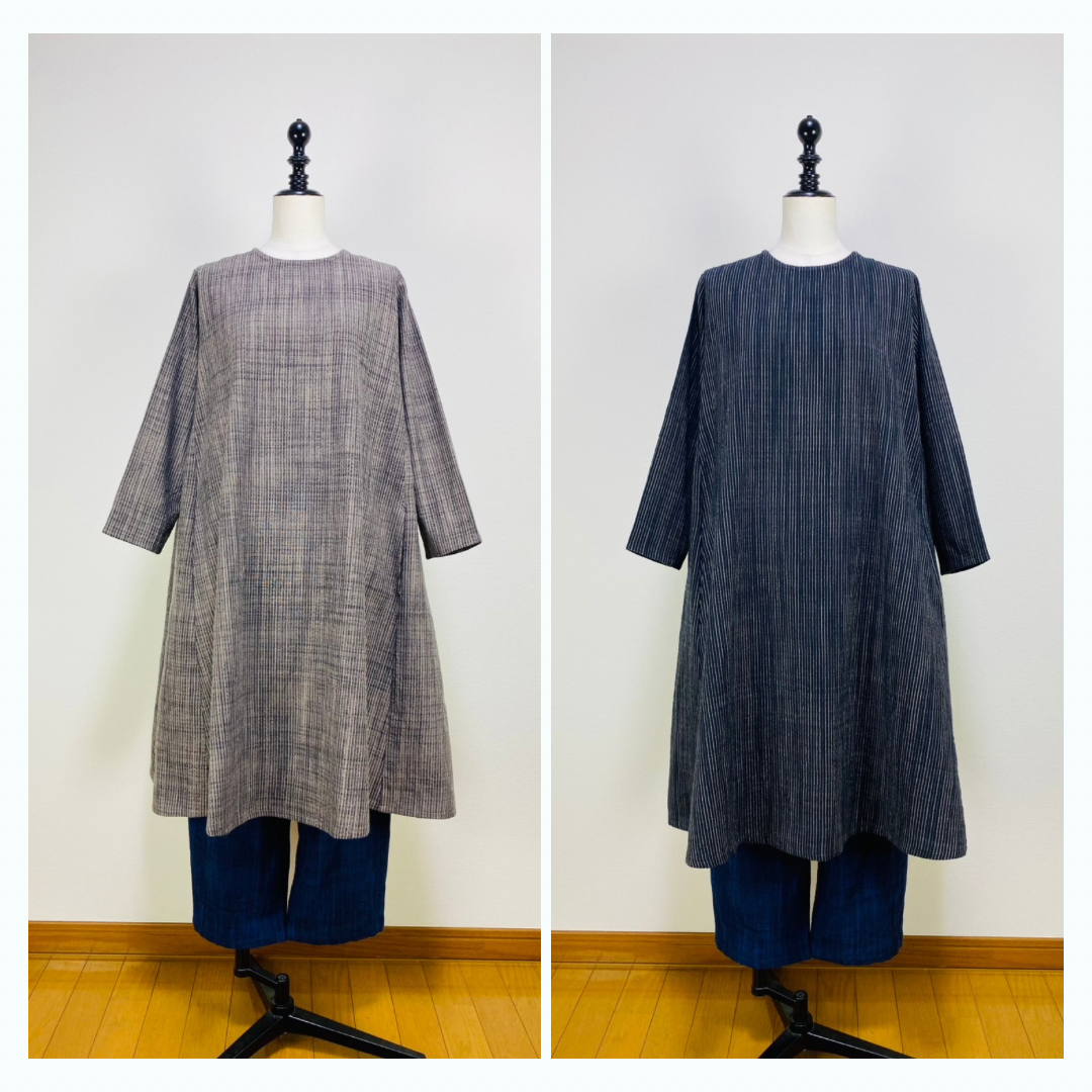 【遠州織物】サイドギャザーワンピース（ショート丈）　2カラー　逆スラブストライプ　262011