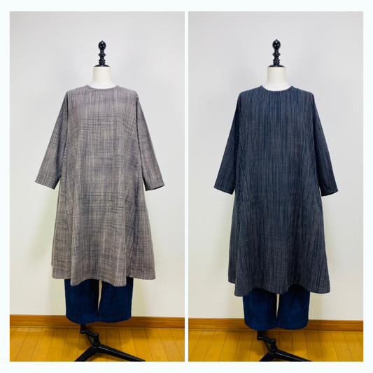 【遠州織物】サイドギャザーワンピース（ショート丈）　2カラー　逆スラブストライプ　262011