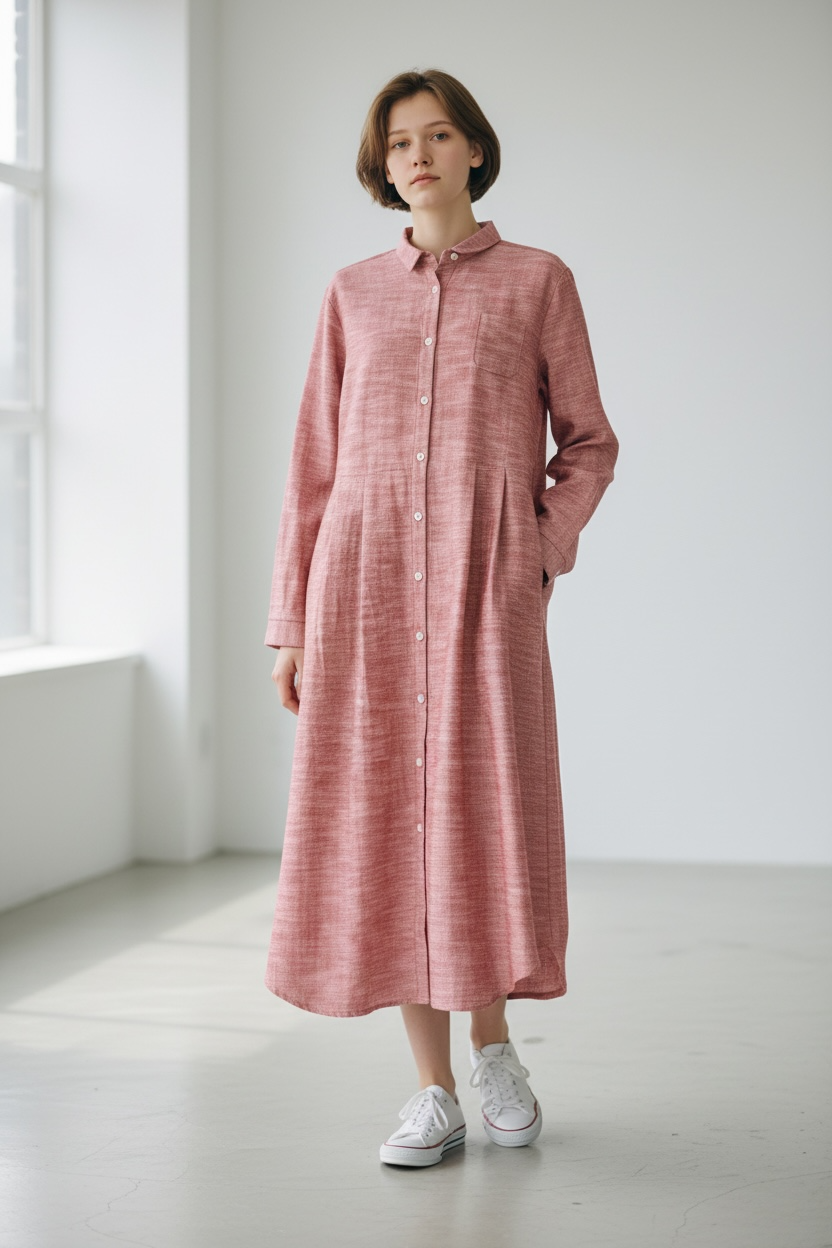 【遠州織物】シャツワンピース   2カラー　逆スラブ　222131
